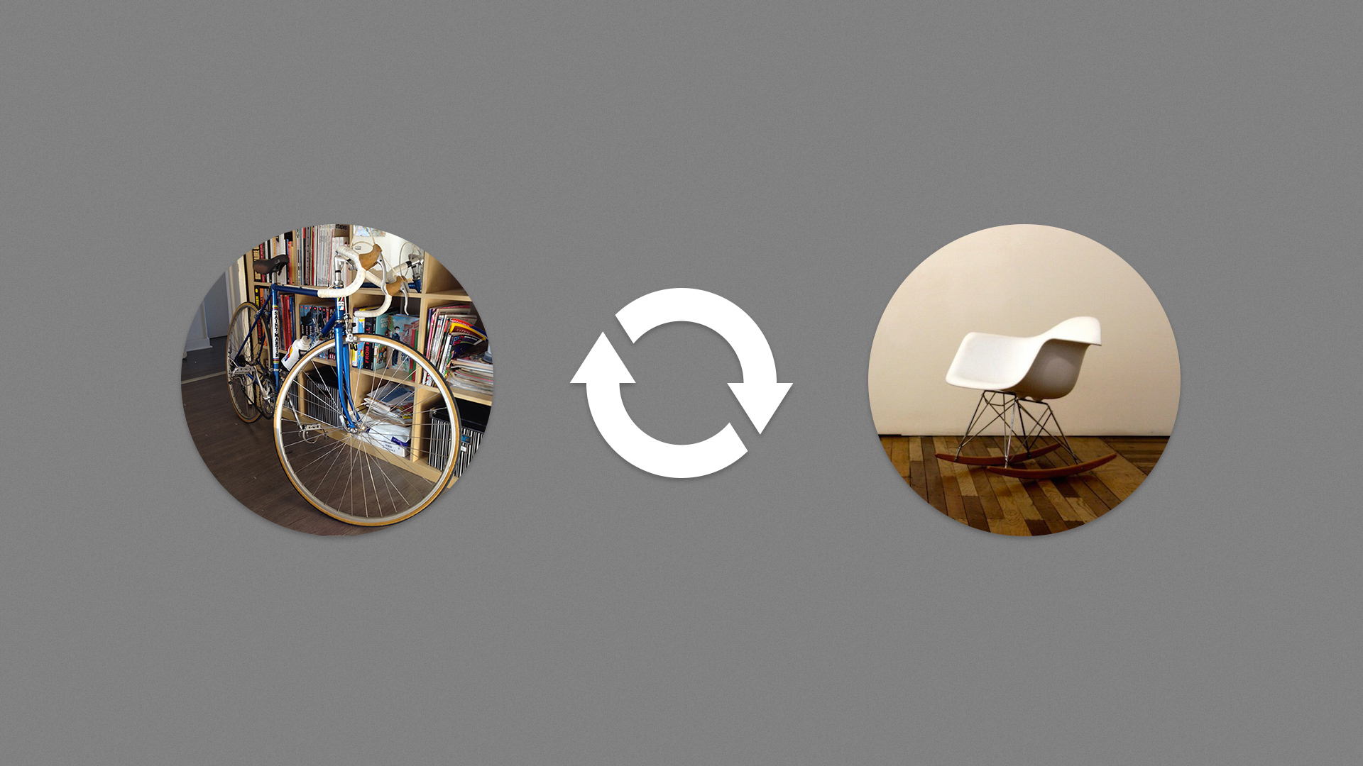 A photography of a bike on the left, two arrows in circle on the center, and a photography of a design chair on the right.